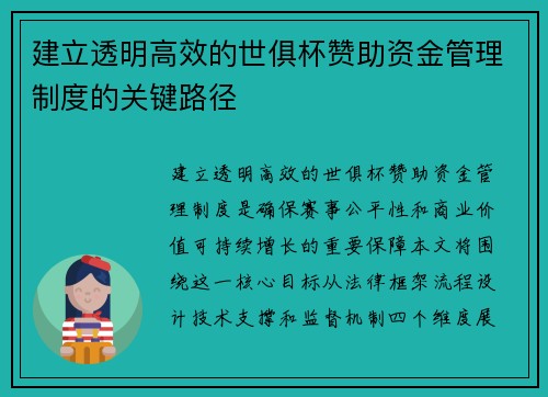 建立透明高效的世俱杯赞助资金管理制度的关键路径