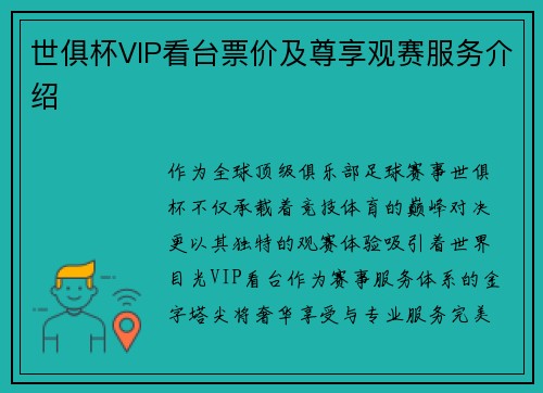 世俱杯VIP看台票价及尊享观赛服务介绍